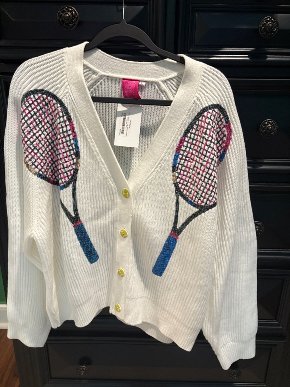 QUEEN OF SPARKLES White Tennis Racket Intarsia Button-Front Cardigan